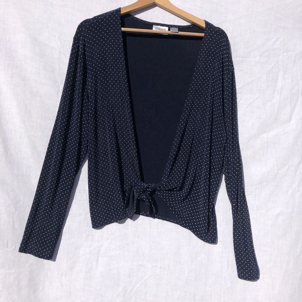 Chico's Travelers Size 3 Navy Blue w White Embossed Dots Open Tie Front Top